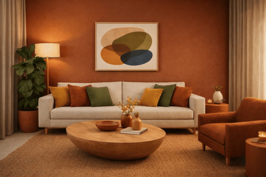 Cores para casa em 2026 com paleta de tons naturais, terrosos e verdes em ambiente moderno