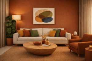 Cores para casa em 2026 com paleta de tons naturais, terrosos e verdes em ambiente moderno