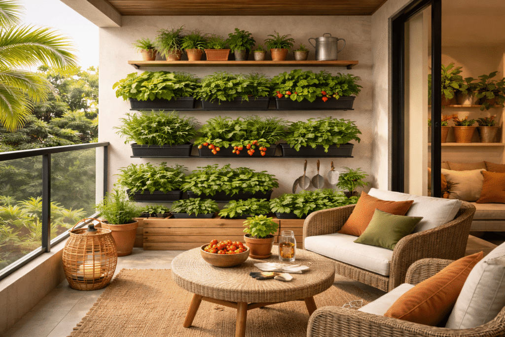 Foto de horta vertical com vasos verdes e iluminação natural.