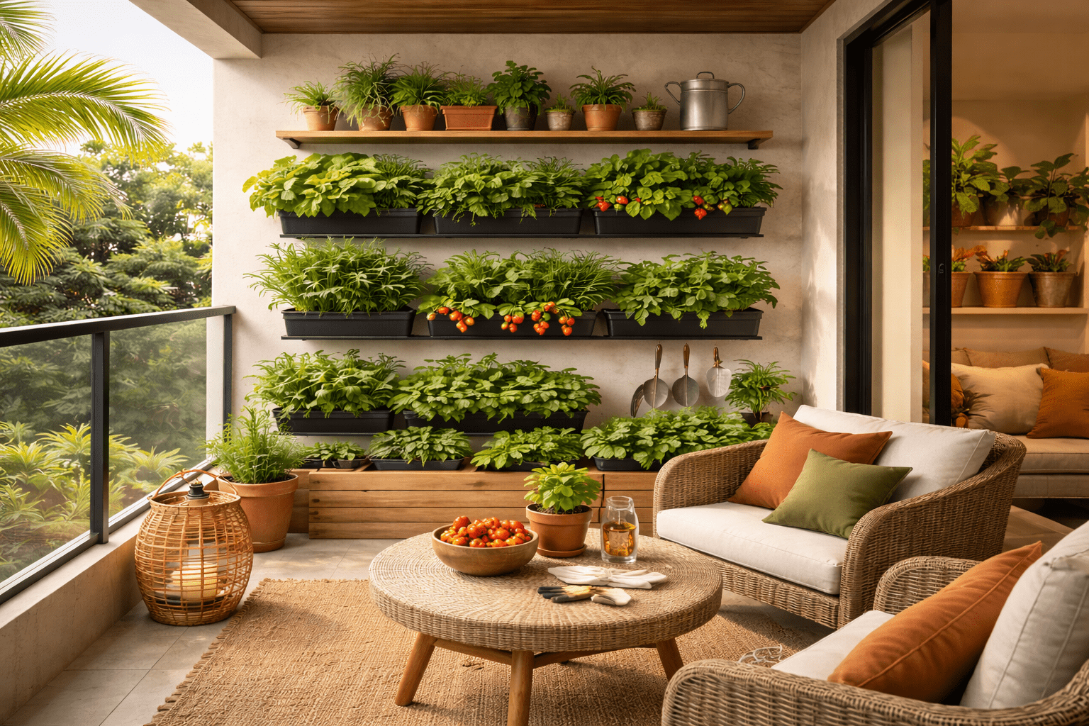 Foto de horta vertical com vasos verdes e iluminação natural.